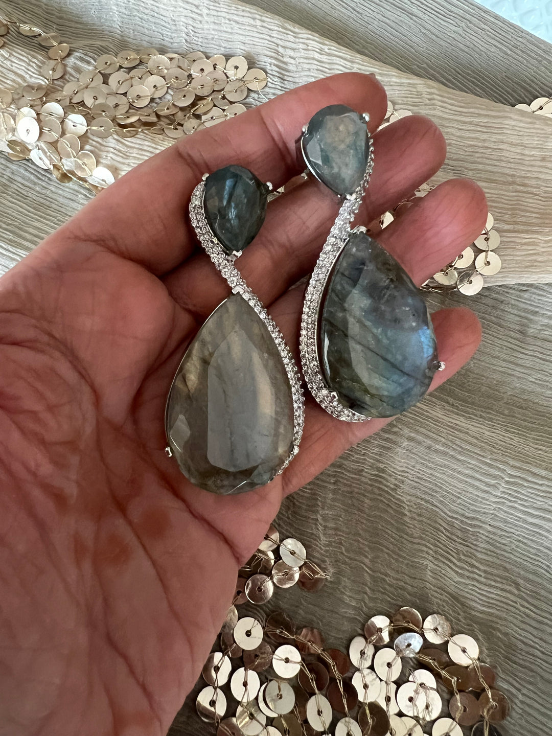 Designer Labradorite Earrings with CZ Stones and Silver Polish - Premium Quality