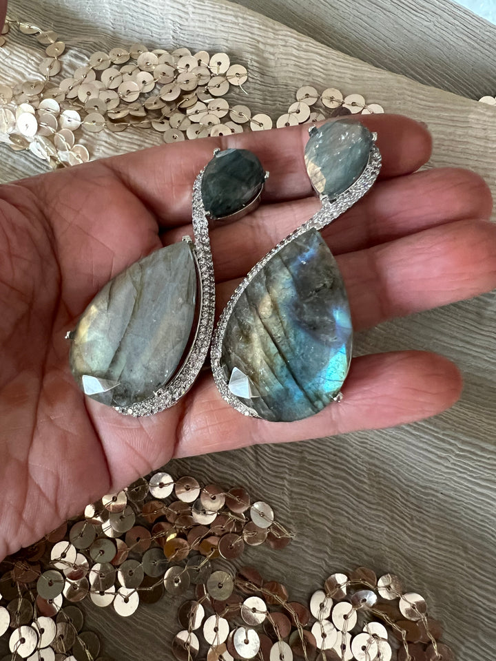 Designer Labradorite Earrings with CZ Stones and Silver Polish - Premium Quality