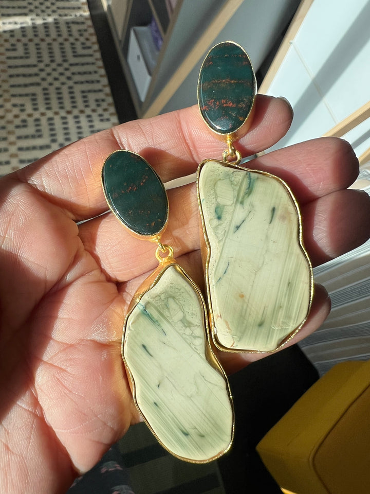 Handmade Brass Earrings with Natural Gemstones | Modern Gold Polish Statement Danglers by SHIVKA