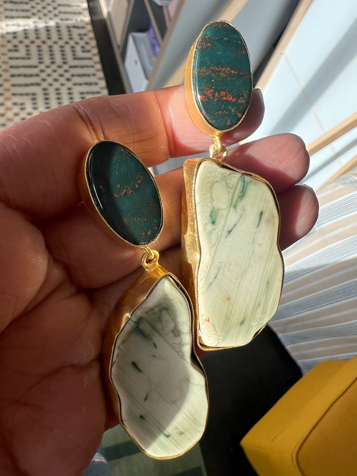 Handmade Brass Earrings with Natural Gemstones | Modern Gold Polish Statement Danglers by SHIVKA