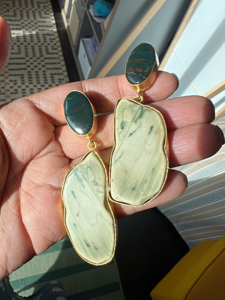 Handmade Brass Earrings with Natural Gemstones | Modern Gold Polish Statement Danglers by SHIVKA