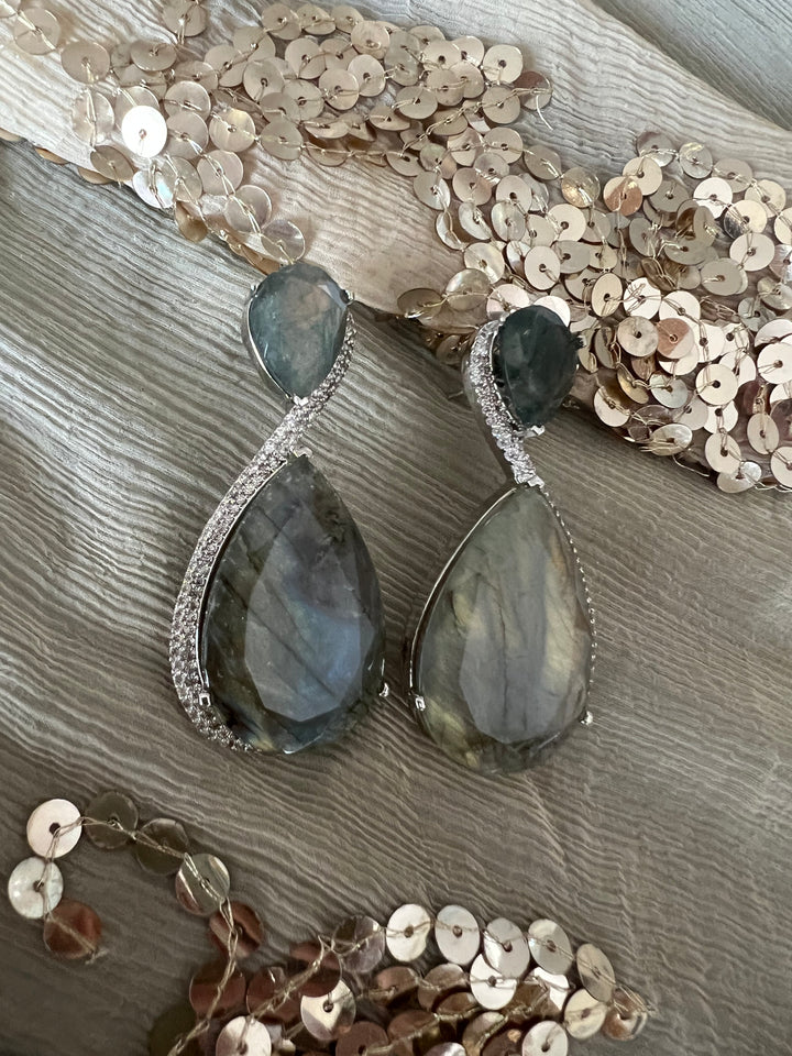 Designer Labradorite Earrings with CZ Stones and Silver Polish - Premium Quality
