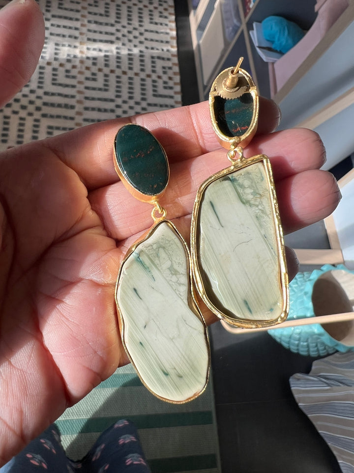 Handmade Brass Earrings with Natural Gemstones | Modern Gold Polish Statement Danglers by SHIVKA