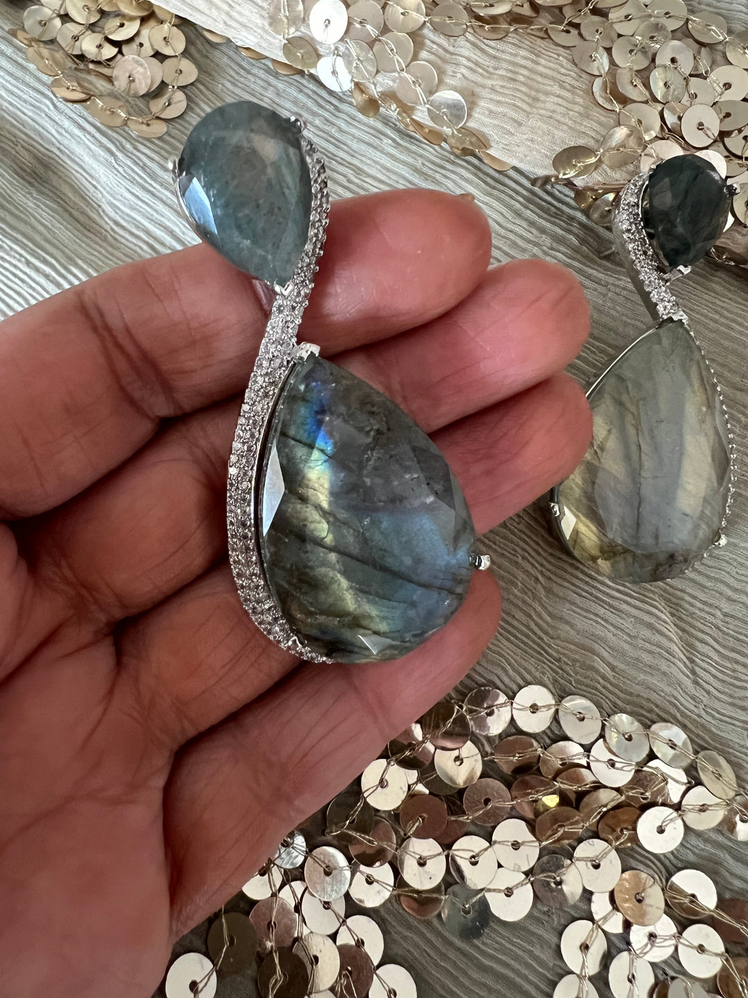 Designer Labradorite Earrings with CZ Stones and Silver Polish - Premium Quality