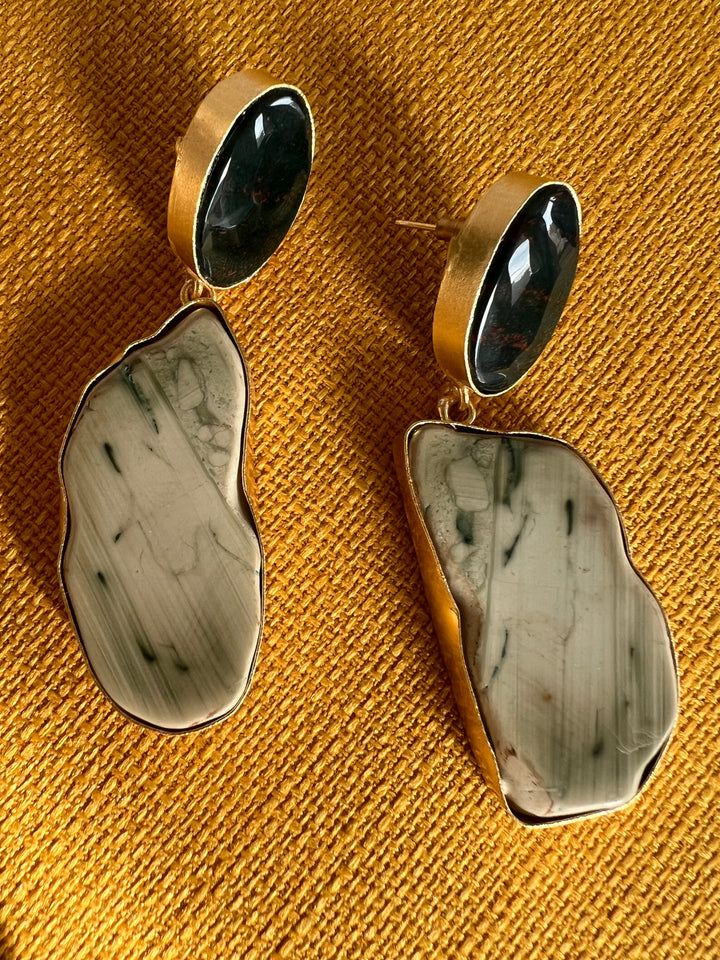 Handmade Brass Earrings with Natural Gemstones | Modern Gold Polish Statement Danglers by SHIVKA