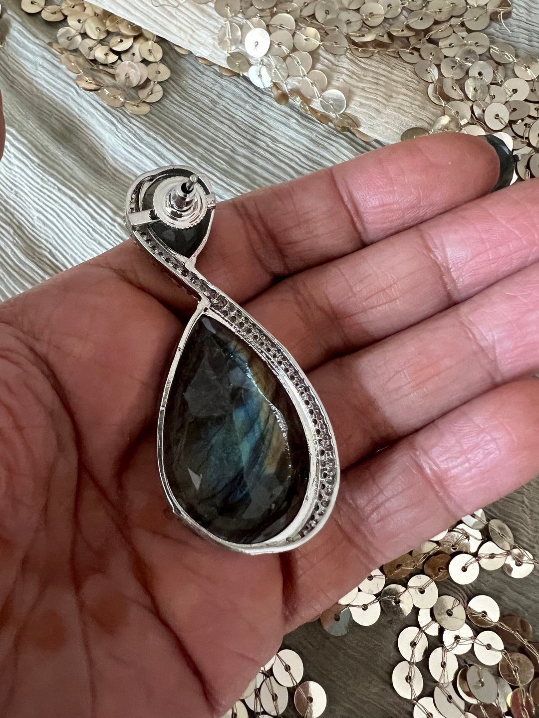 Designer Labradorite Earrings with CZ Stones and Silver Polish - Premium Quality