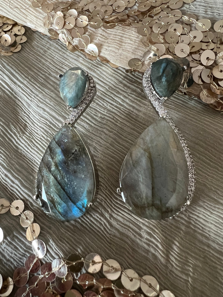 Designer Labradorite Earrings with CZ Stones and Silver Polish - Premium Quality