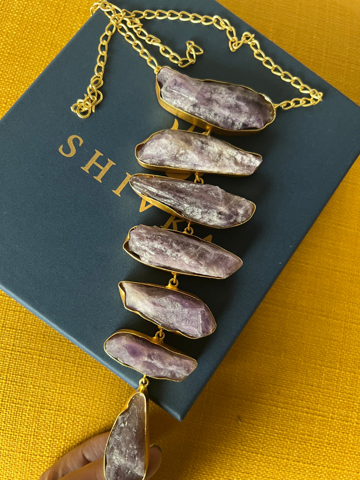 Handmade Brass Tie Necklace with Natural Raw Amethyst Gemstones | Adjustable Modern Hook Closure Necklace by SHIVKA