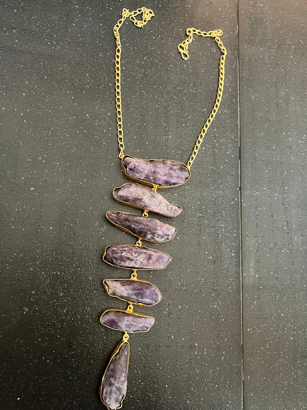 Handmade Brass Tie Necklace with Natural Raw Amethyst Gemstones | Adjustable Modern Hook Closure Necklace by SHIVKA