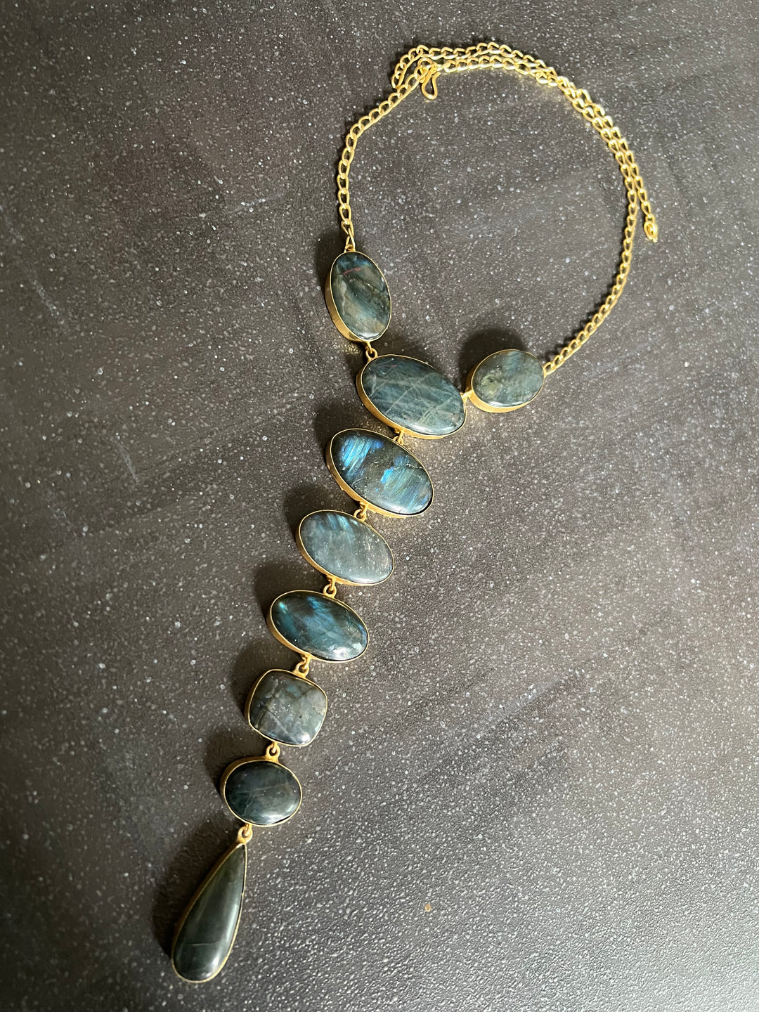 Handmade Brass Tie Necklace with Natural Labradorite Gemstones | Adjustable Modern Hook Closure Necklace by SHIVKA