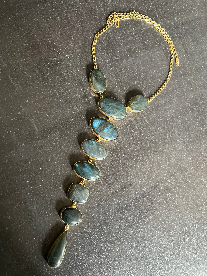 Handmade Brass Tie Necklace with Natural Labradorite Gemstones | Adjustable Modern Hook Closure Necklace by SHIVKA