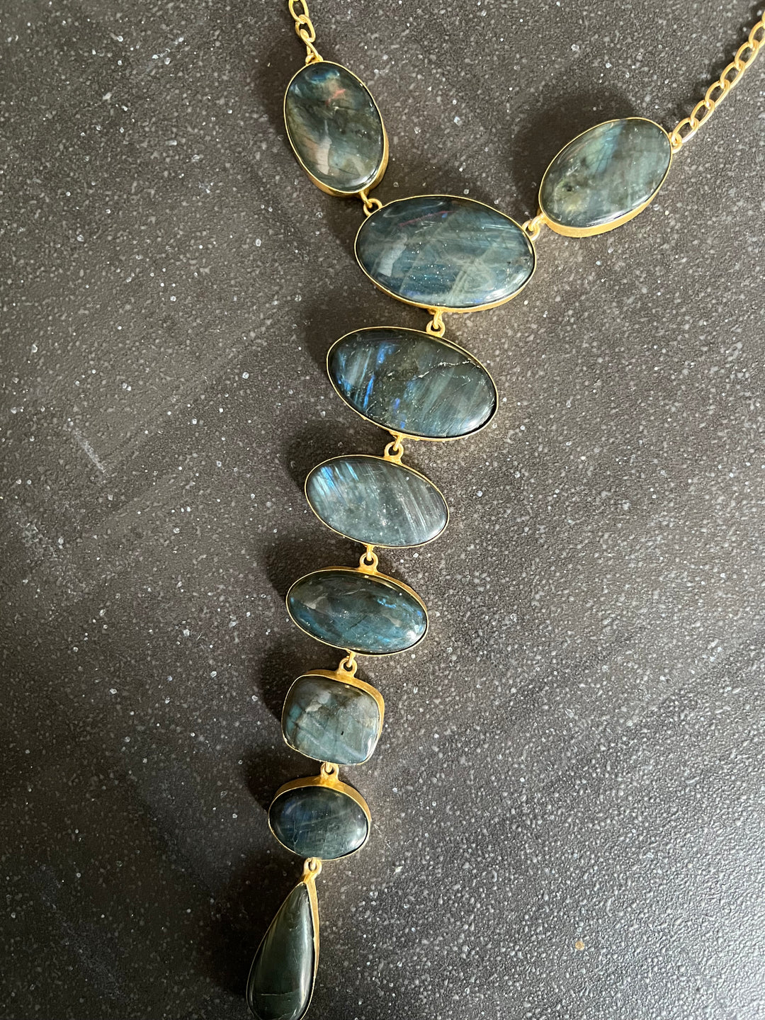 Handmade Brass Tie Necklace with Natural Labradorite Gemstones | Adjustable Modern Hook Closure Necklace by SHIVKA