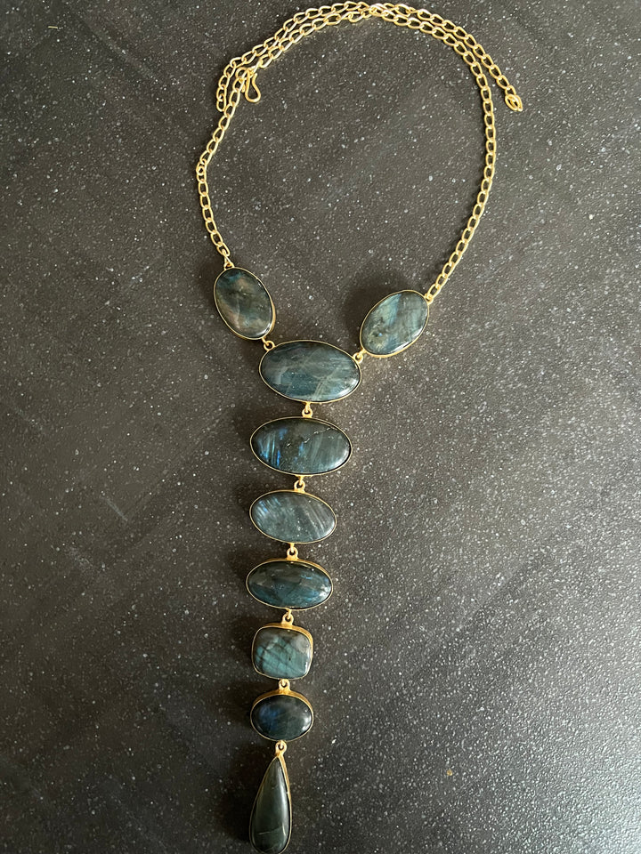 Handmade Brass Tie Necklace with Natural Labradorite Gemstones | Adjustable Modern Hook Closure Necklace by SHIVKA