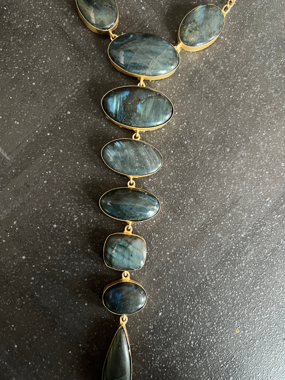 Handmade Brass Tie Necklace with Natural Labradorite Gemstones | Adjustable Modern Hook Closure Necklace by SHIVKA