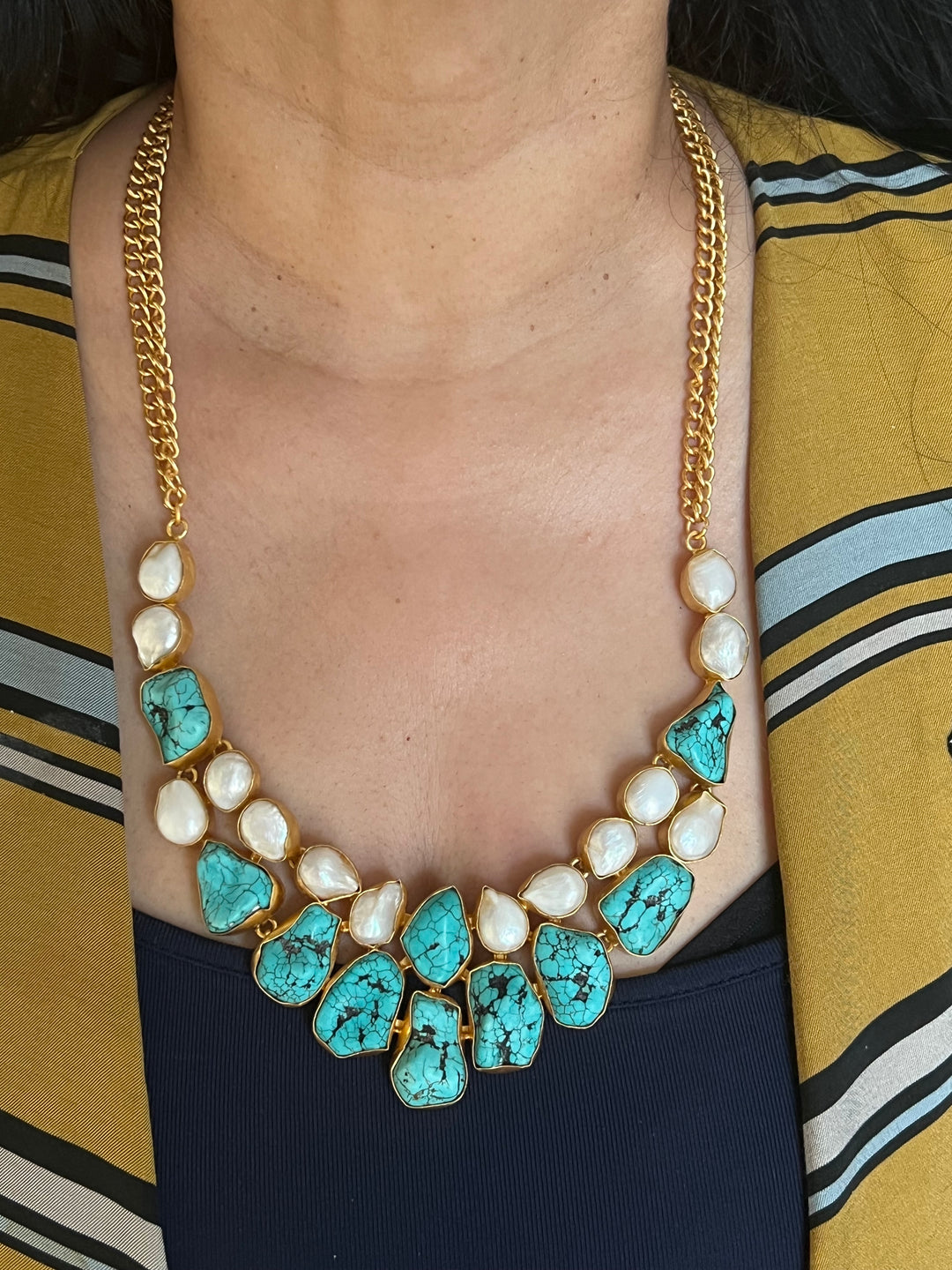 Statement Turquoise and Baroque Pearls Necklace
