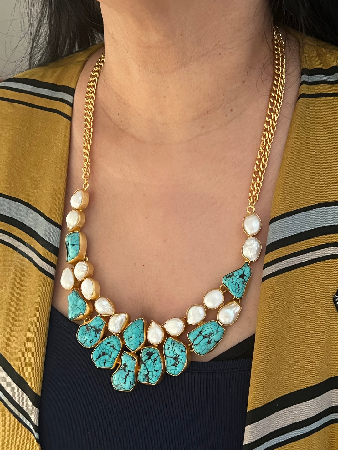 Statement Turquoise and Baroque Pearls Necklace
