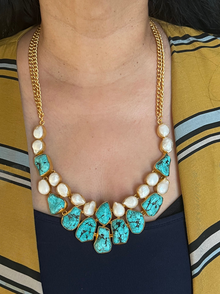 Statement Turquoise and Baroque Pearls Necklace