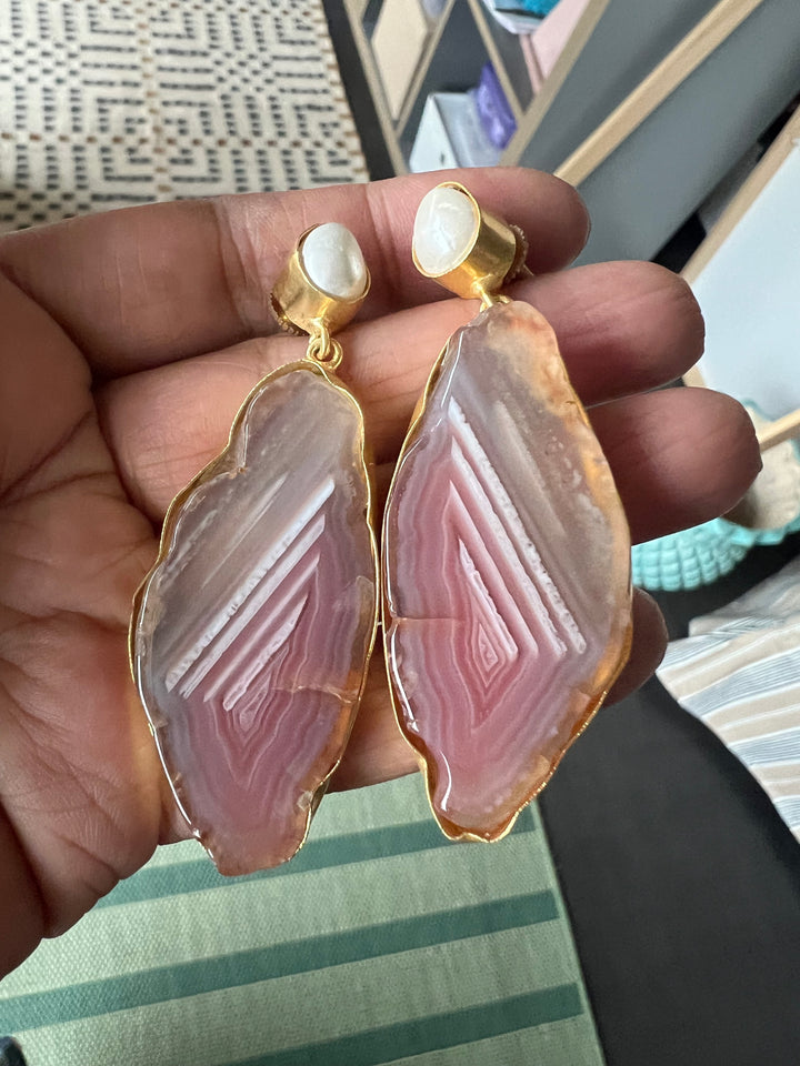 Handmade Brass Earrings with Natural Pearls & Gemstones | Modern Gold Polish Statement Danglers by SHIVKA