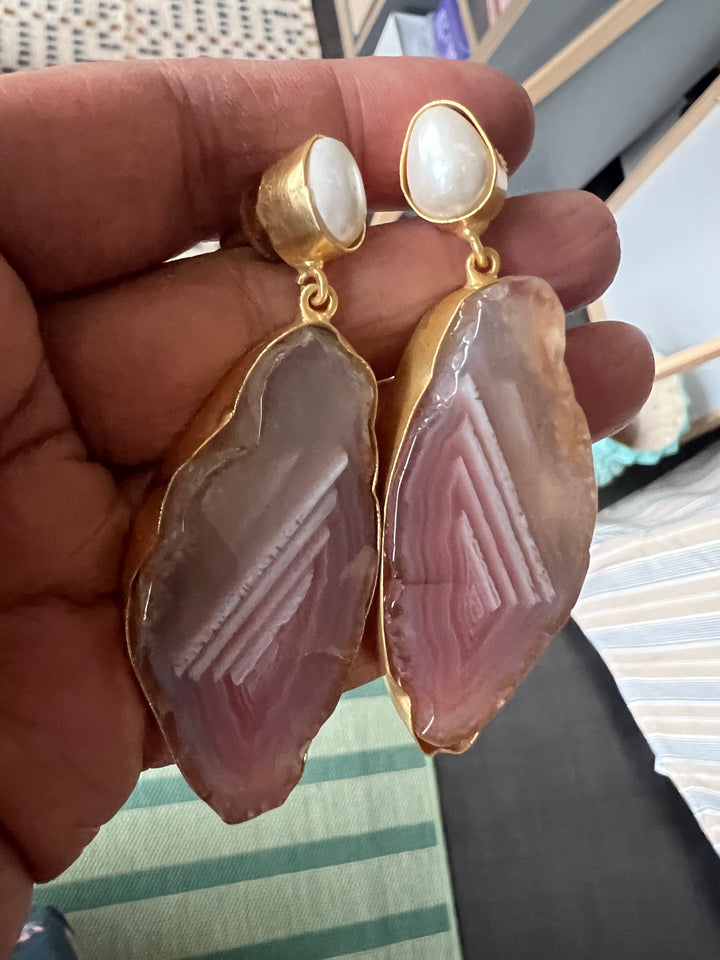 Handmade Brass Earrings with Natural Pearls & Gemstones | Modern Gold Polish Statement Danglers by SHIVKA