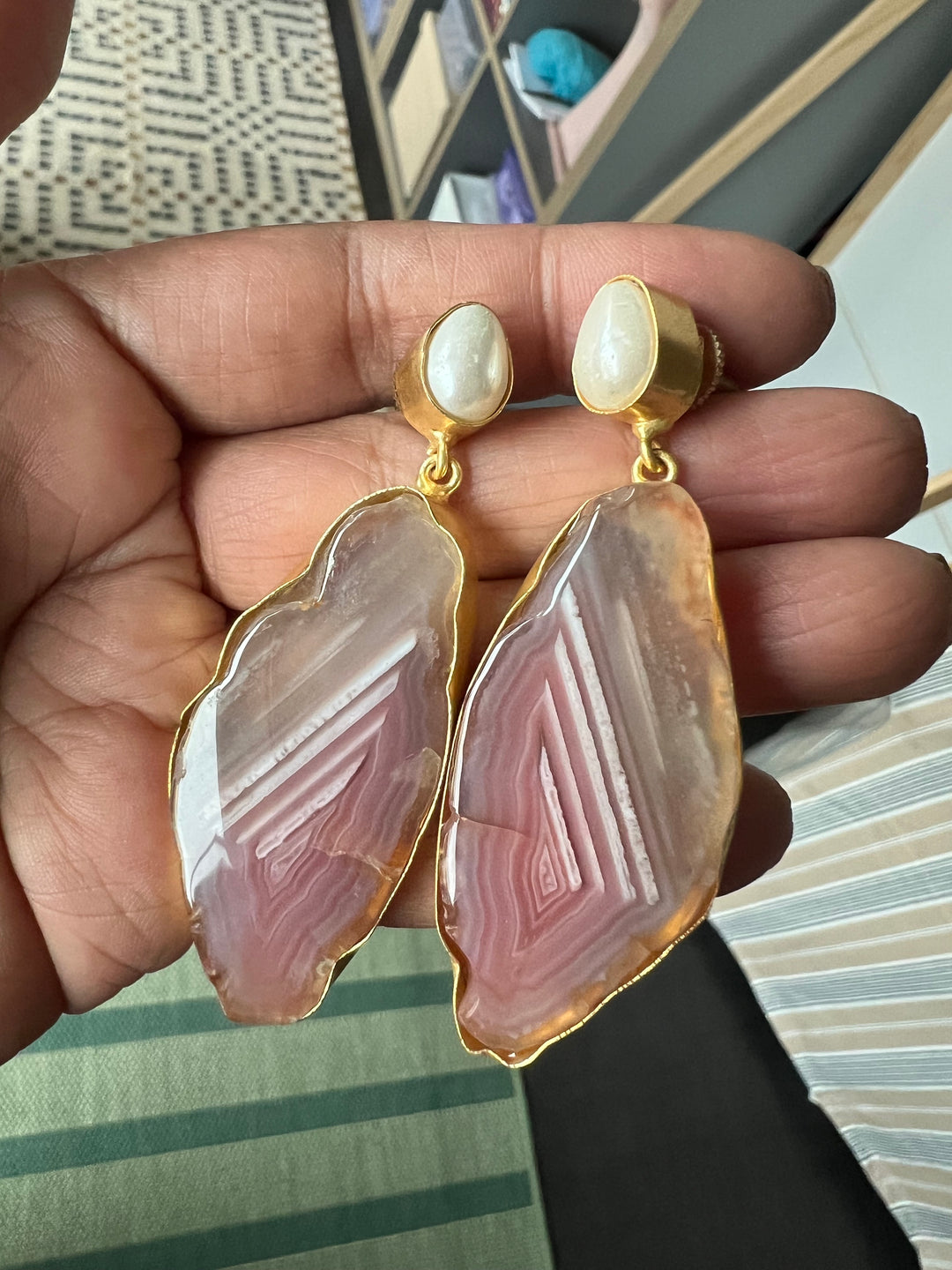 Handmade Brass Earrings with Natural Pearls & Gemstones | Modern Gold Polish Statement Danglers by SHIVKA