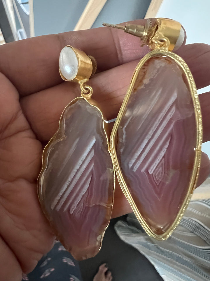 Handmade Brass Earrings with Natural Pearls & Gemstones | Modern Gold Polish Statement Danglers by SHIVKA