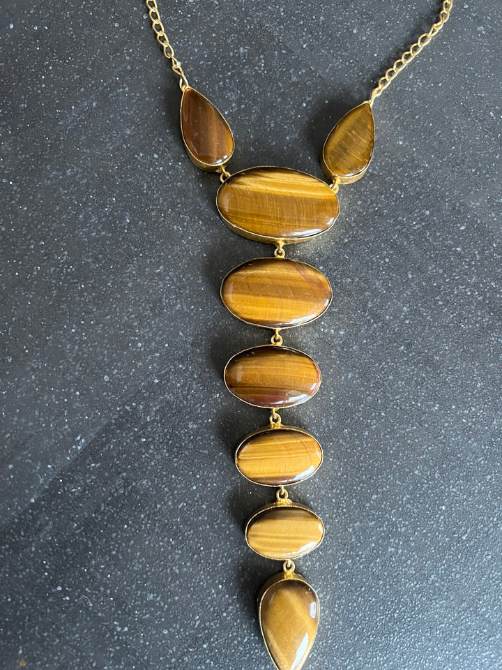 Handmade Brass Tie Necklace with Natural Tiger Eye Gemstones | Adjustable Modern Hook Closure Necklace by SHIVKA