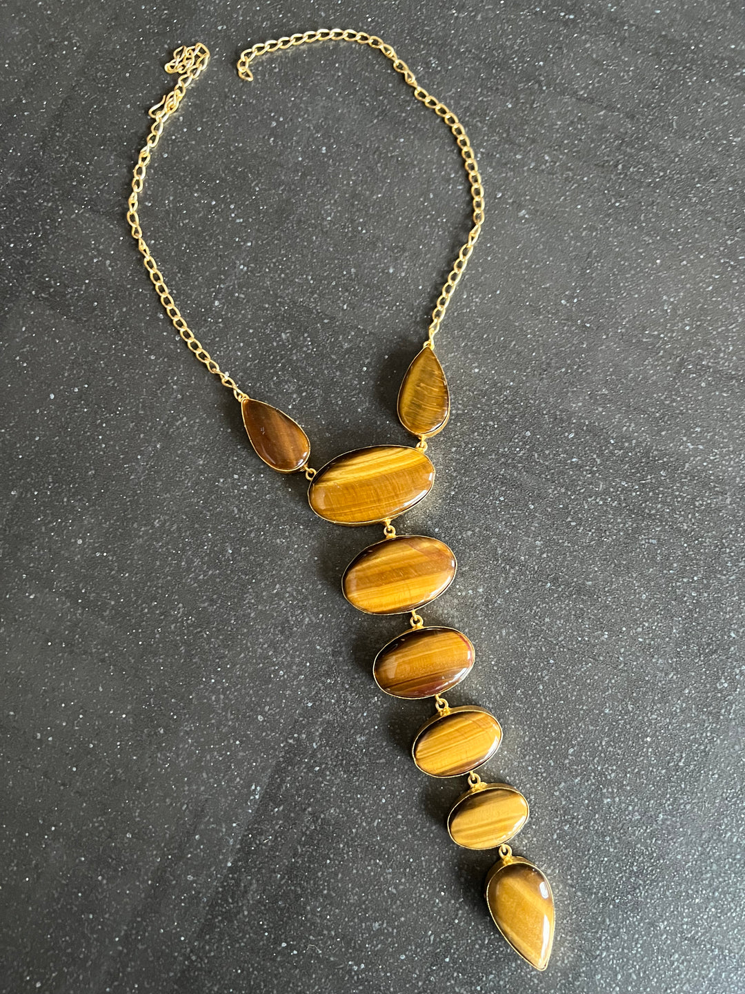 Handmade Brass Tie Necklace with Natural Tiger Eye Gemstones | Adjustable Modern Hook Closure Necklace by SHIVKA