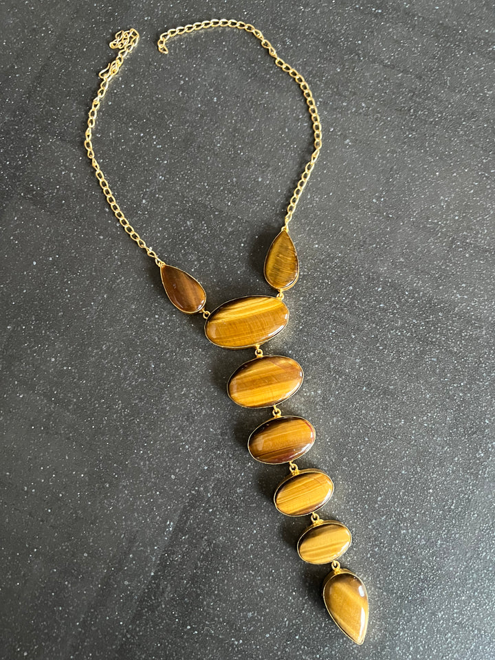 Handmade Brass Tie Necklace with Natural Tiger Eye Gemstones | Adjustable Modern Hook Closure Necklace by SHIVKA