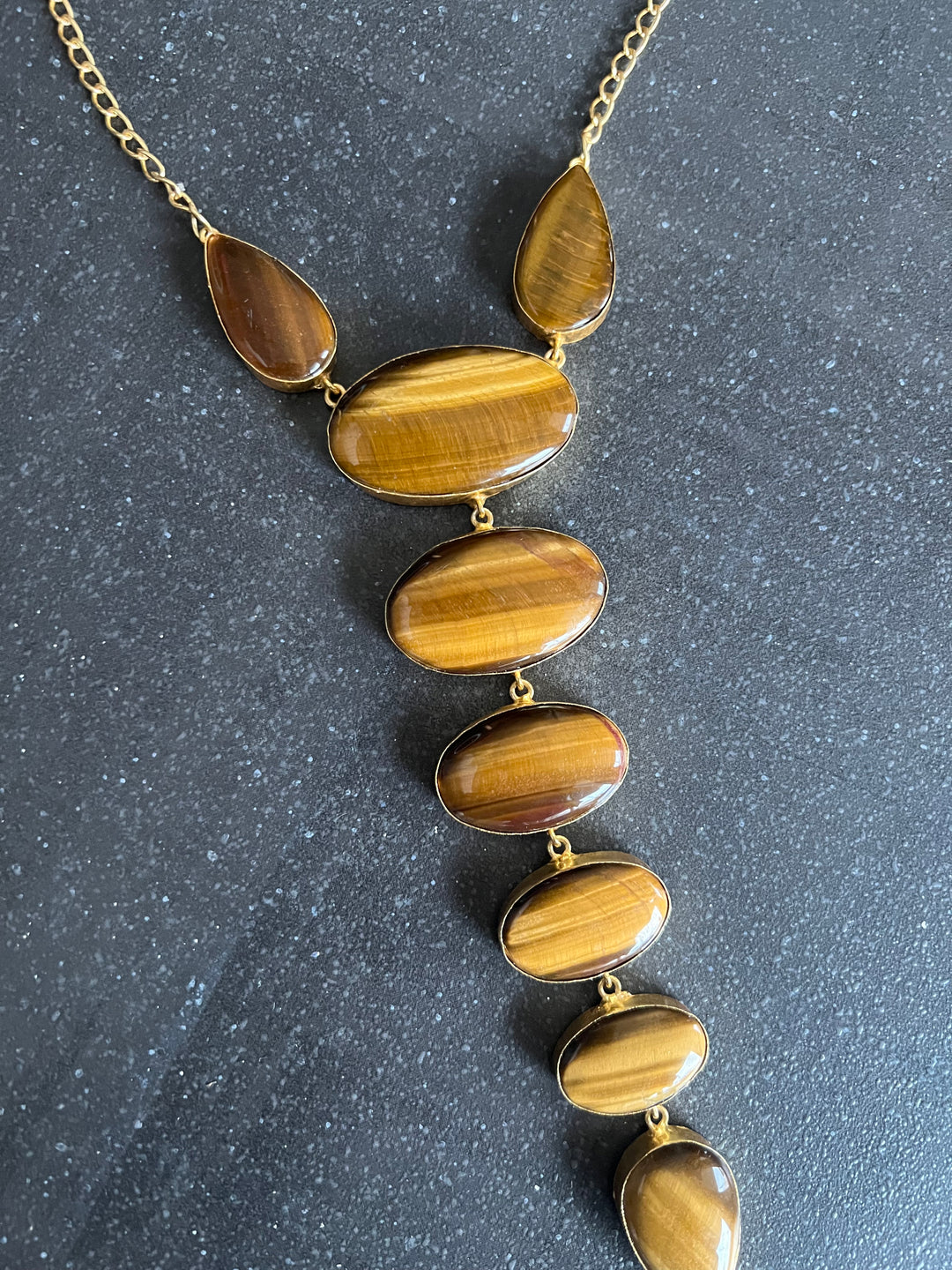 Handmade Brass Tie Necklace with Natural Tiger Eye Gemstones | Adjustable Modern Hook Closure Necklace by SHIVKA