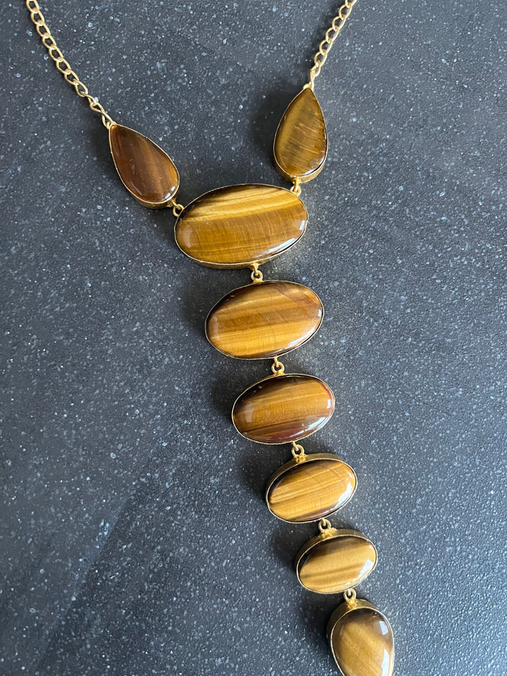 Handmade Brass Tie Necklace with Natural Tiger Eye Gemstones | Adjustable Modern Hook Closure Necklace by SHIVKA