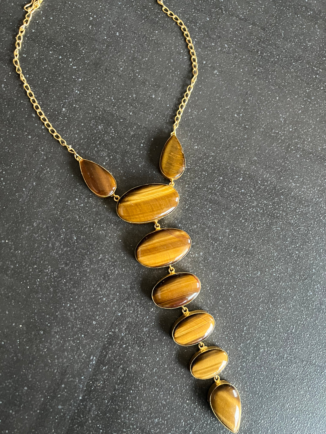 Handmade Brass Tie Necklace with Natural Tiger Eye Gemstones | Adjustable Modern Hook Closure Necklace by SHIVKA