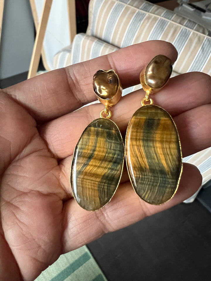 Handmade Earrings with Natural Gemstones | Modern Gold Polish Statement Danglers by SHIVKA