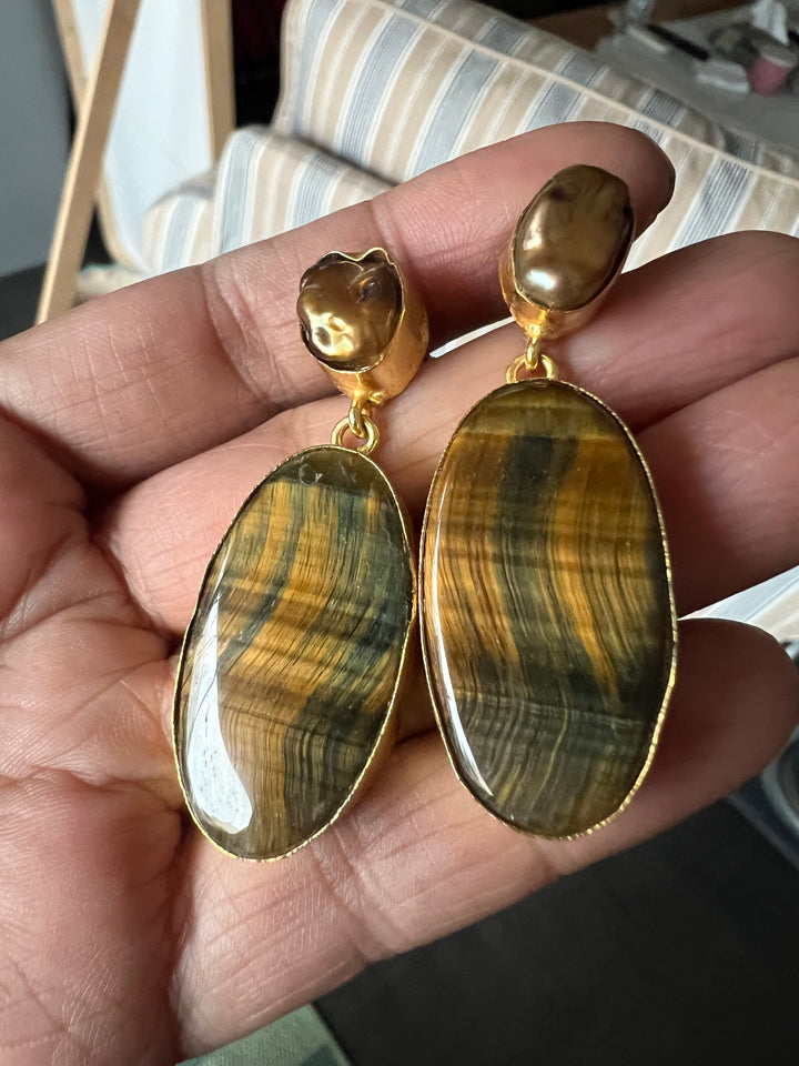 Handmade Earrings with Natural Gemstones | Modern Gold Polish Statement Danglers by SHIVKA