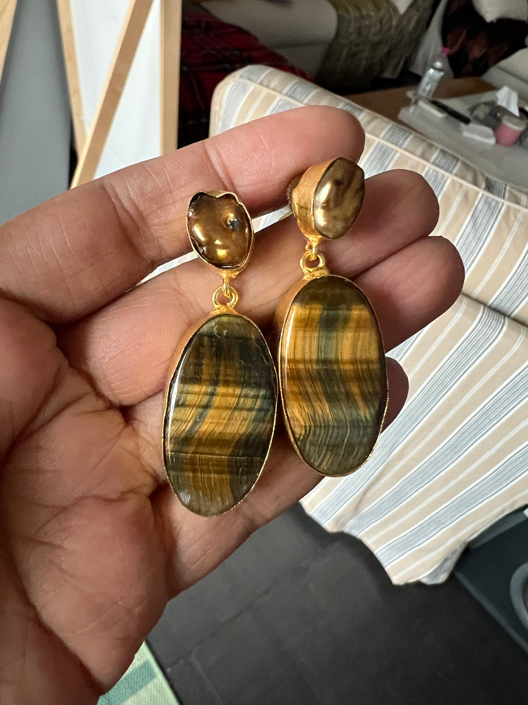 Handmade Earrings with Natural Gemstones | Modern Gold Polish Statement Danglers by SHIVKA