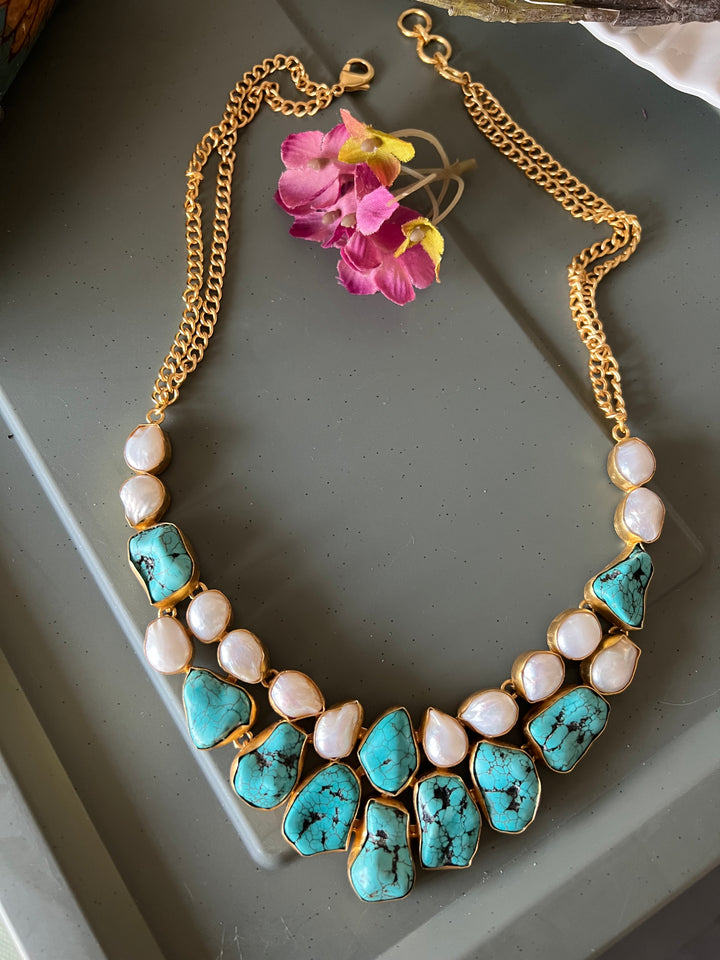 Statement Turquoise and Baroque Pearls Necklace