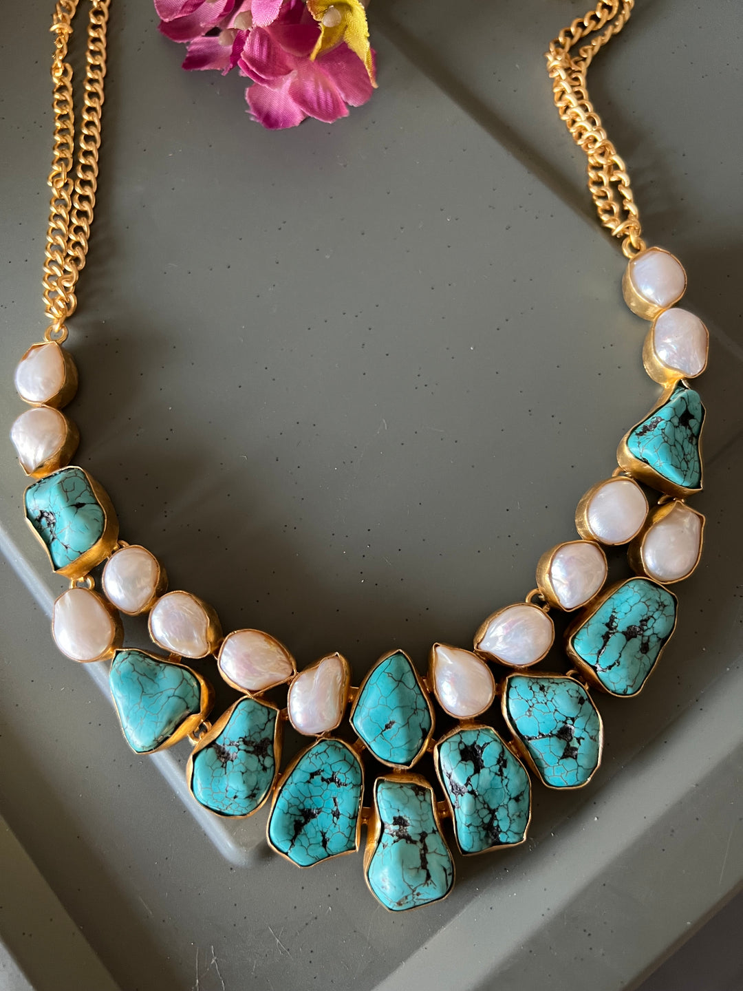Statement Turquoise and Baroque Pearls Necklace