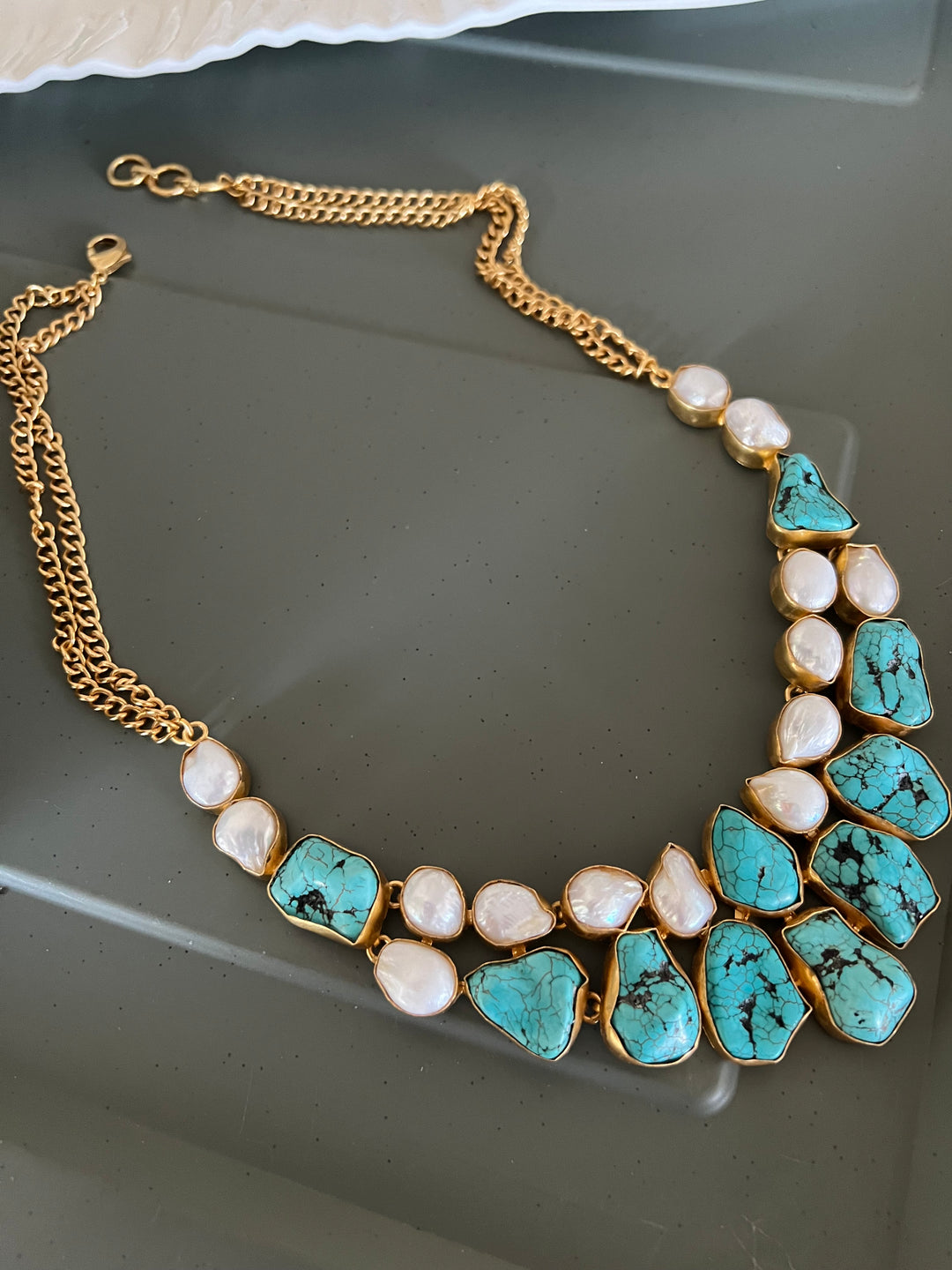 Statement Turquoise and Baroque Pearls Necklace