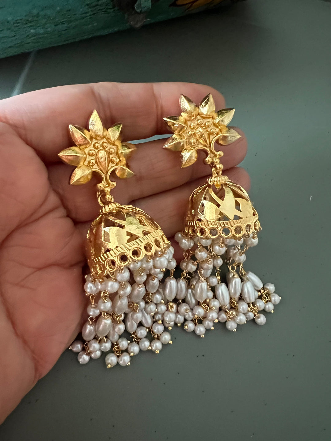 Pearl and Gold Tone Danglers - Perfect for Destination Weddings, Gold Replica