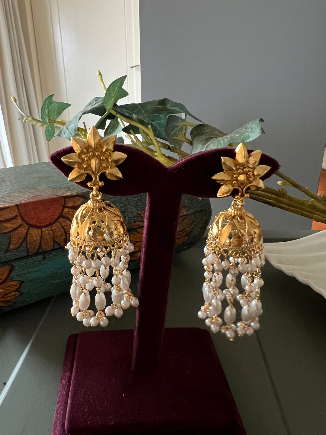 Pearl and Gold Tone Danglers - Perfect for Destination Weddings, Gold Replica
