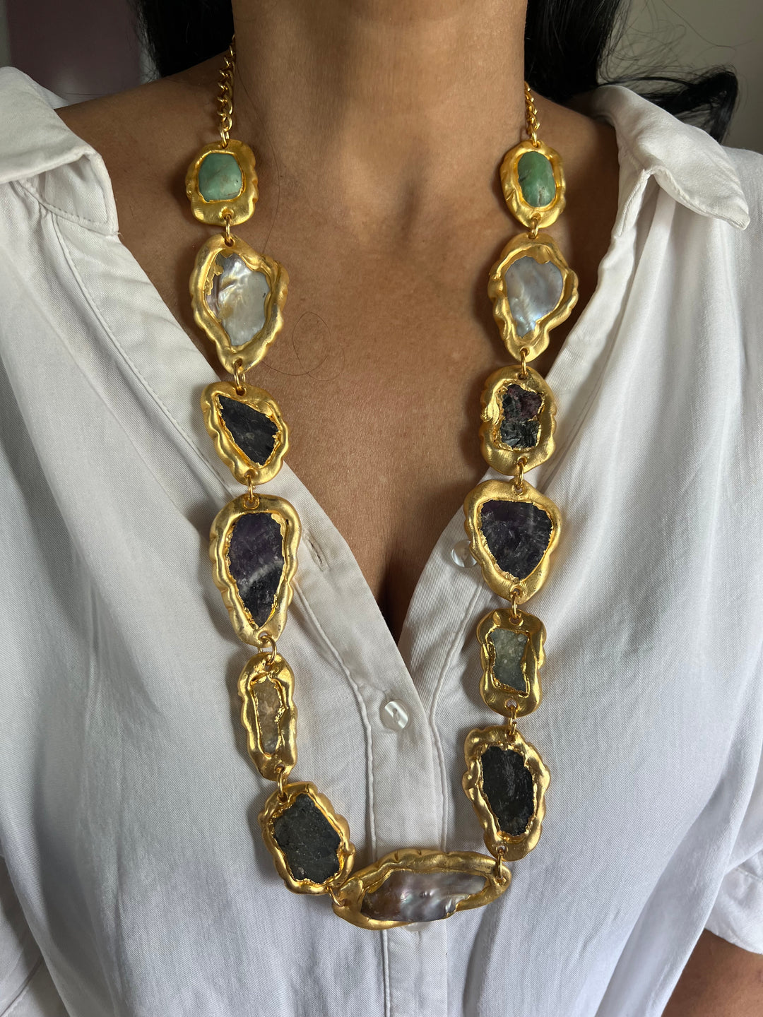 Statement Gold Embedded Natural Gemstones Necklace