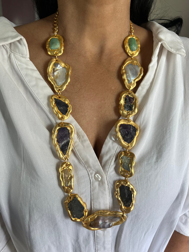 Statement Gold Embedded Natural Gemstones Necklace