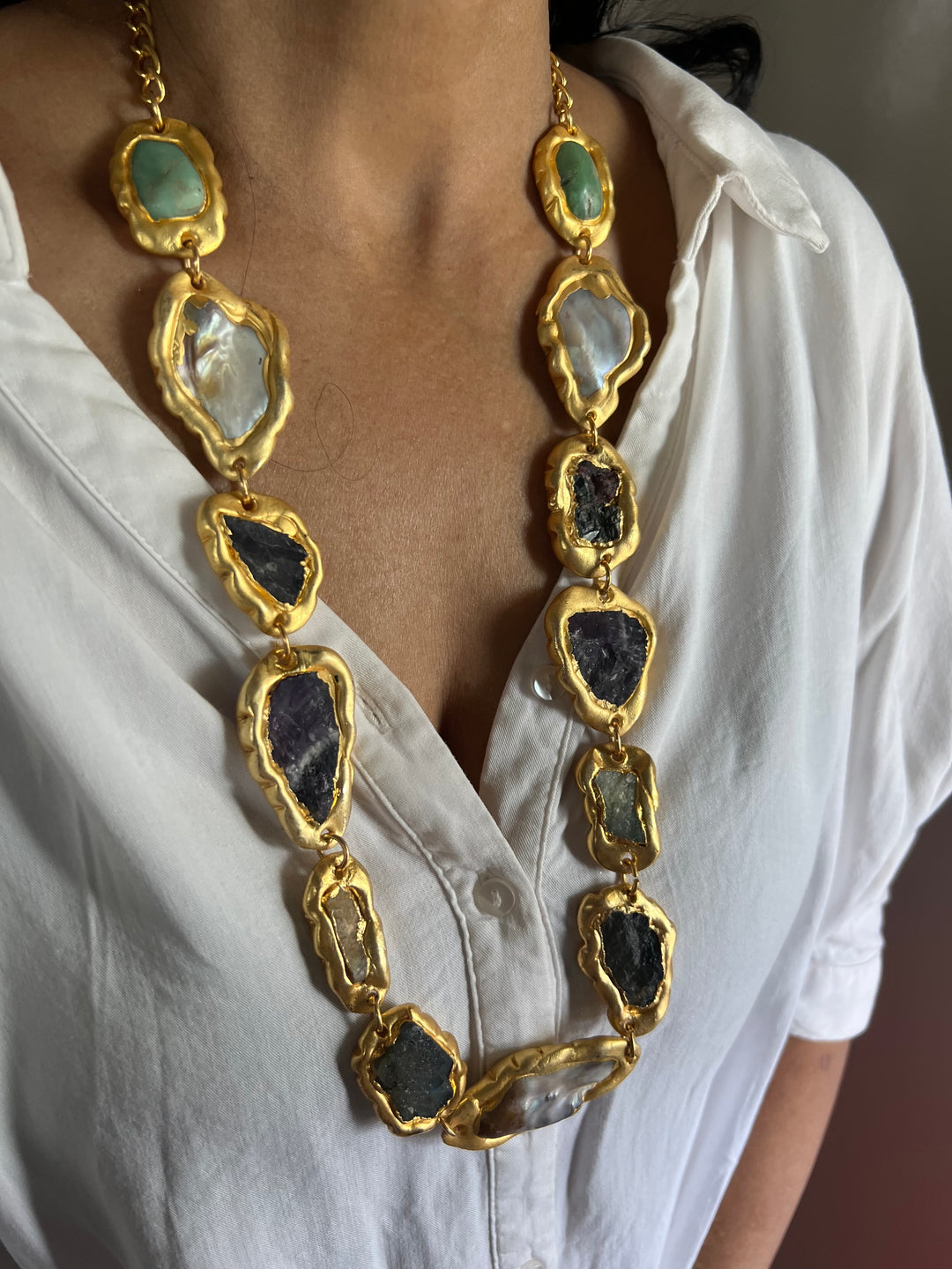 Statement Gold Embedded Natural Gemstones Necklace