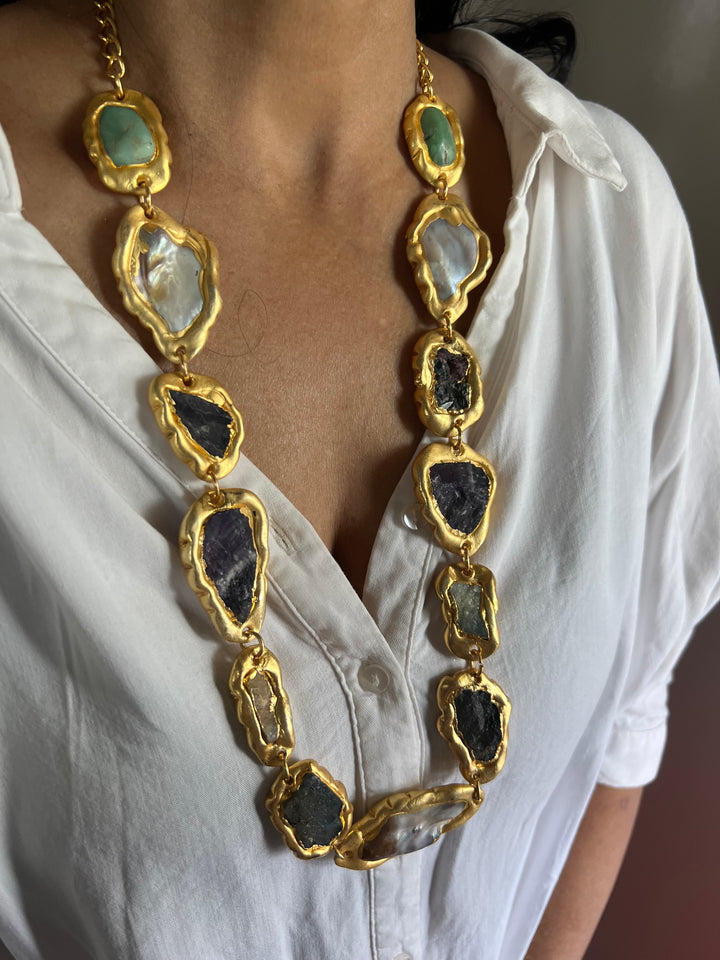 Statement Gold Embedded Natural Gemstones Necklace