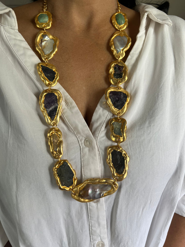 Statement Gold Embedded Natural Gemstones Necklace