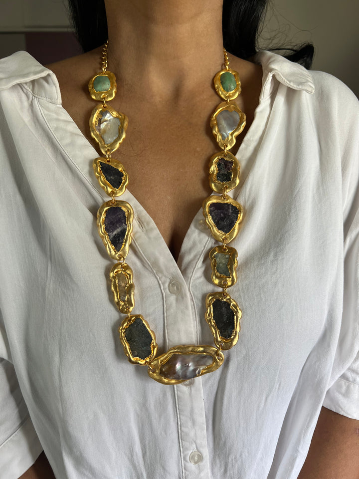 Statement Gold Embedded Natural Gemstones Necklace