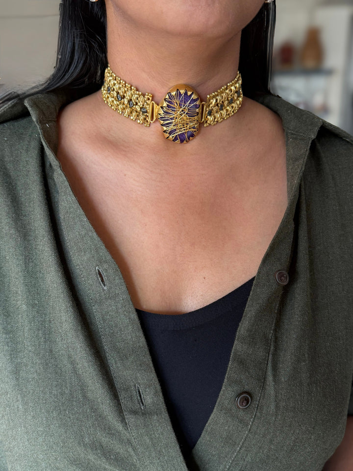 Handmade Bold Natural Stone Statement Choker | Brass Adjustable Lobster Claw Jewelry