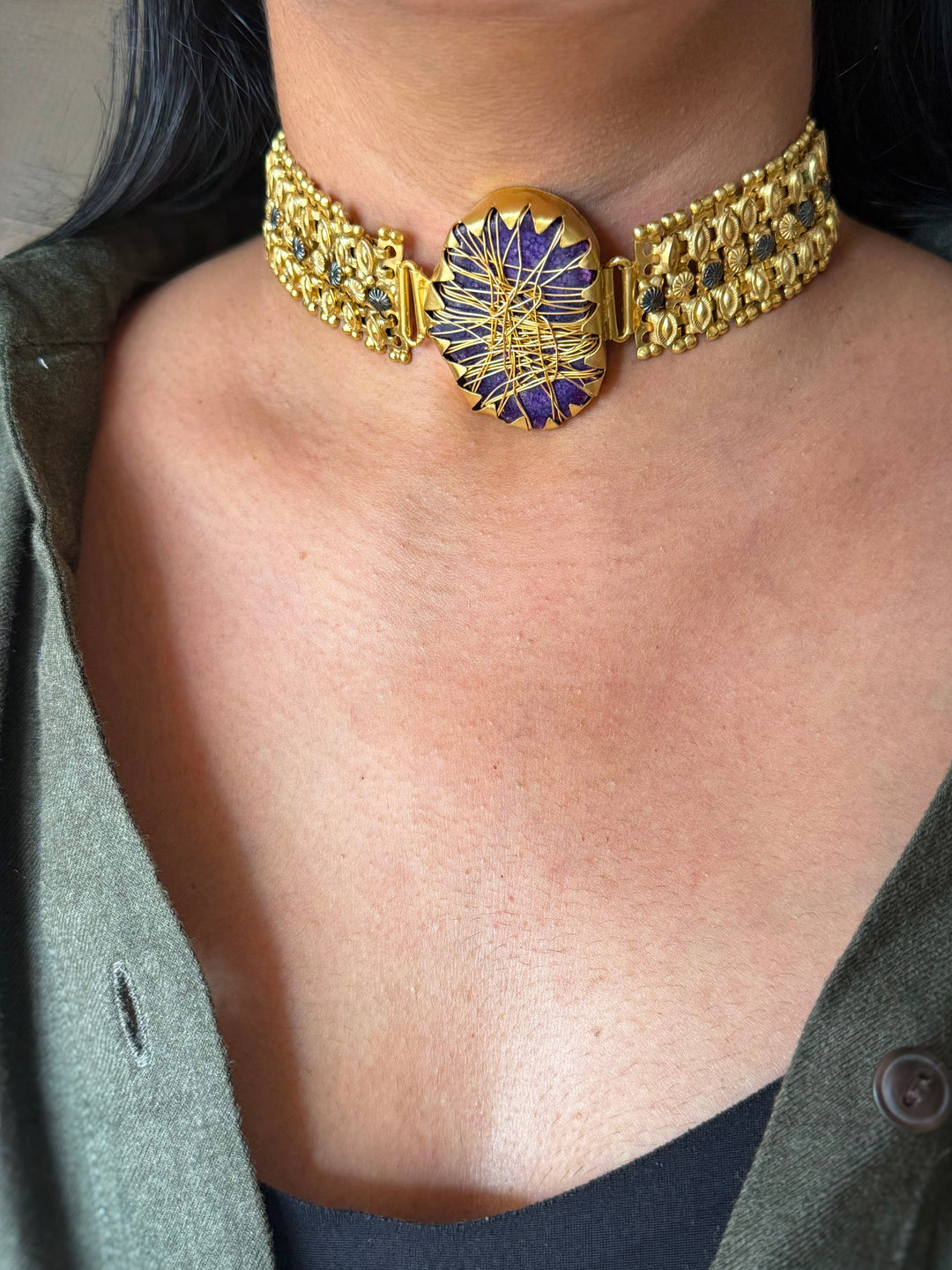 Handmade Bold Natural Stone Statement Choker | Brass Adjustable Lobster Claw Jewelry