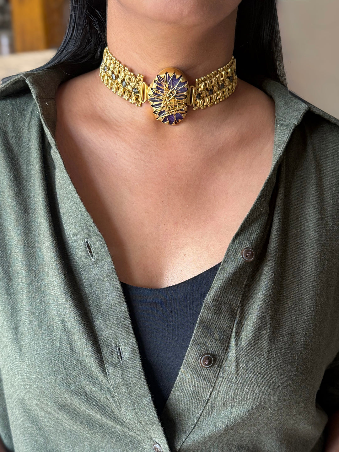 Handmade Bold Natural Stone Statement Choker | Brass Adjustable Lobster Claw Jewelry