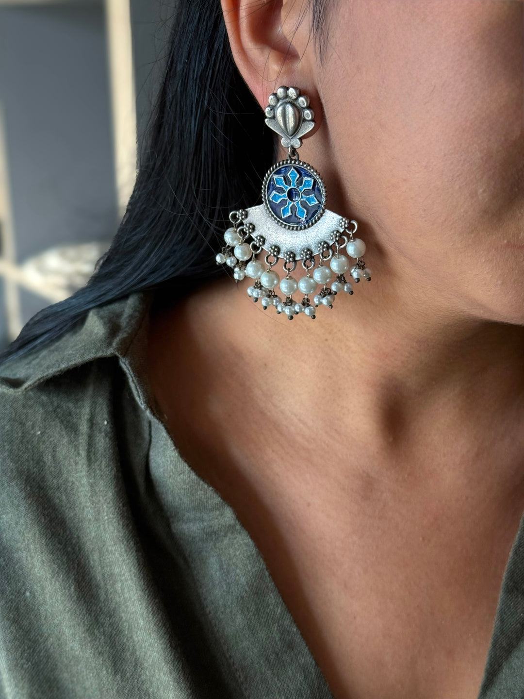 Handcrafted Antique Brass Earrings, Indian Pearl Drop Jewelry