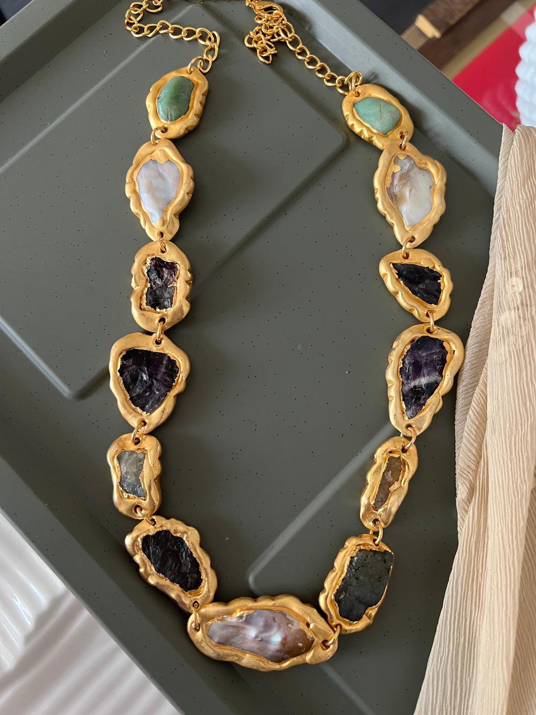 Statement Gold Embedded Natural Gemstones Necklace